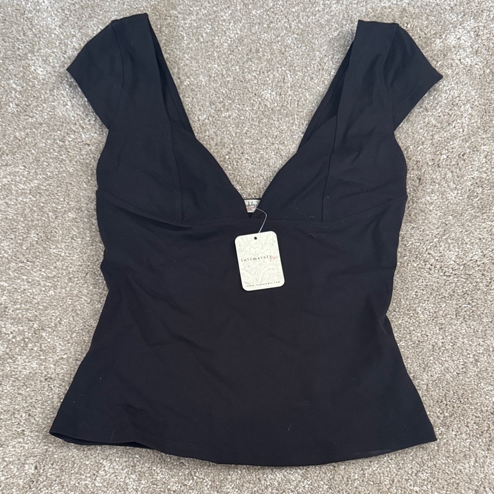 Free People Black V-Neck Cap Sleeve Top